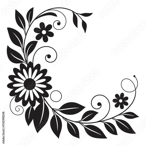 Elegant black floral swirls and flowers vector graphic decorative corner design element for invitations and stationery