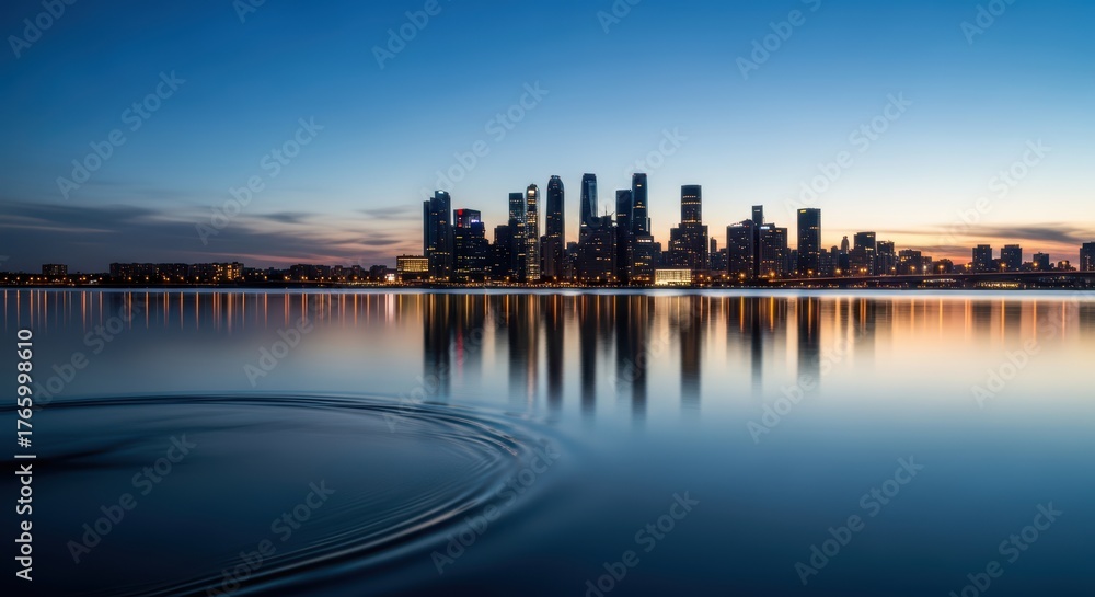 Obraz premium Sunset view of city skyline reflecting on calm water