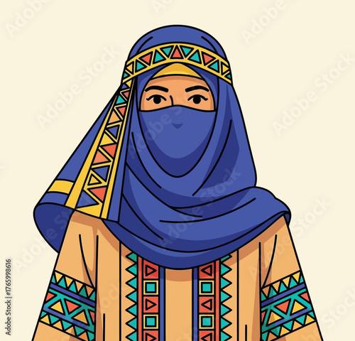Woman Wearing Blue Niqab and Headband with Geometric Patterns, Beige Tunic