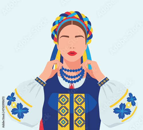 Ukrainian Woman in Traditional Embroidered Blouse and Floral Headdress, Holding Necklace
