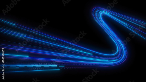 High speed blue line abstract technology background digital fiber hi tech concept. Speed light line blurred on dark background, Data fast transfer simulation.