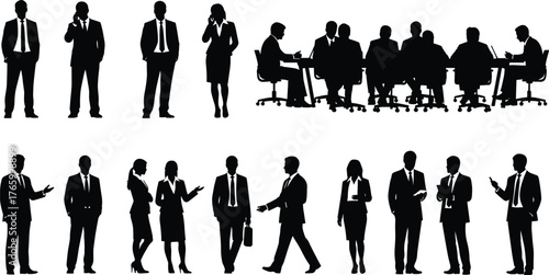 Business silhouettes, corporate professionals, teamwork concept, office meeting, formal attire, leadership design, networking illustration, workplace lifestyle, collaboration figure, career design