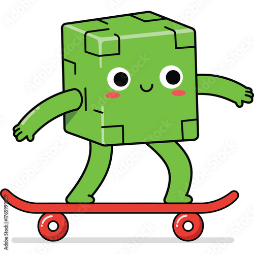 Cartoon Green Cube Character on Skateboard skateboarding red illustration cute fun playful vector design