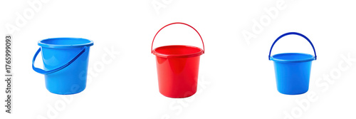 Three colorful plastic buckets on a transparent background isolated on transparent background