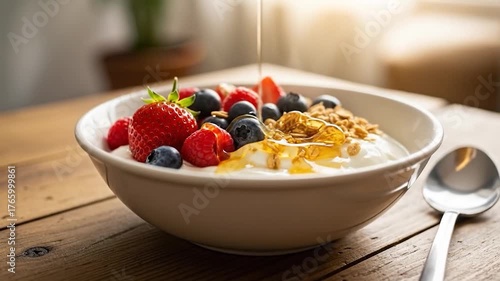 Healthy breakfast bowl with fresh berries granola and honey drizzle on wooden table