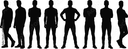 Human silhouettes, standing poses, walking motion, posture study, body language, lifestyle design, animation reference, ergonomics concept, psychology illustration, everyday figure