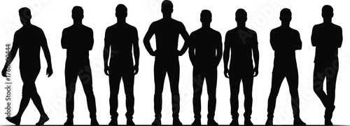 Male silhouettes, standing poses, walking motion, posture study, body language, lifestyle design, 