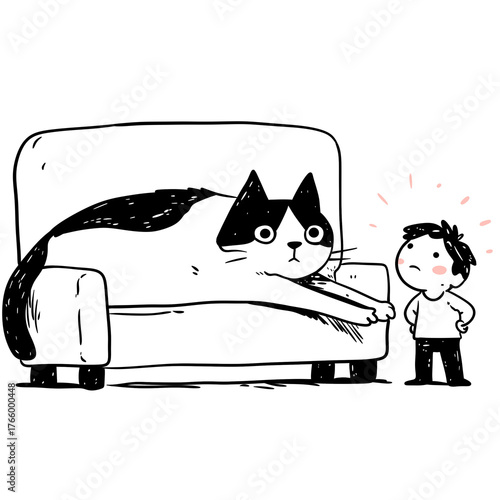 Canvas Print Black and white cat sprawling on couch while a kid stands beside, illustrating pet ownership and daily life, on transparent background