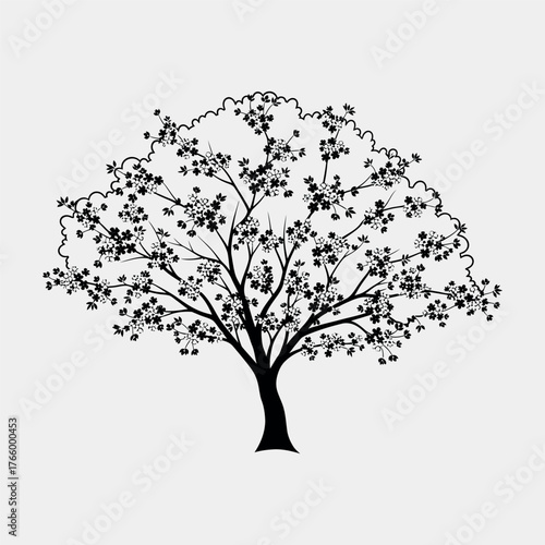 Detailed silhouette of a large deciduous tree with abundant leaves and branches on a white background