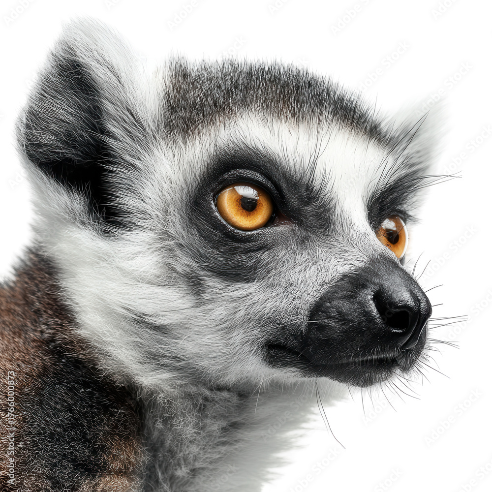 Obraz premium Lemur with striking yellow eyes looks curiously at the viewer in a close-up view isolated on transparent background