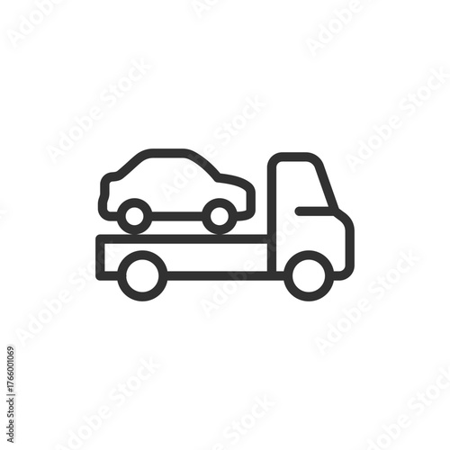 Tow truck with car, linear icon. Vehicle towing and roadside assistance. Line with editable stroke.