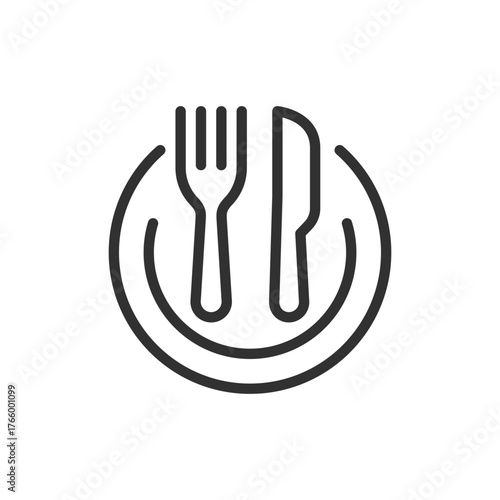 Fork, spoon and knife on a plate, linear icon. Full table setting for meal. Line with editable stroke
