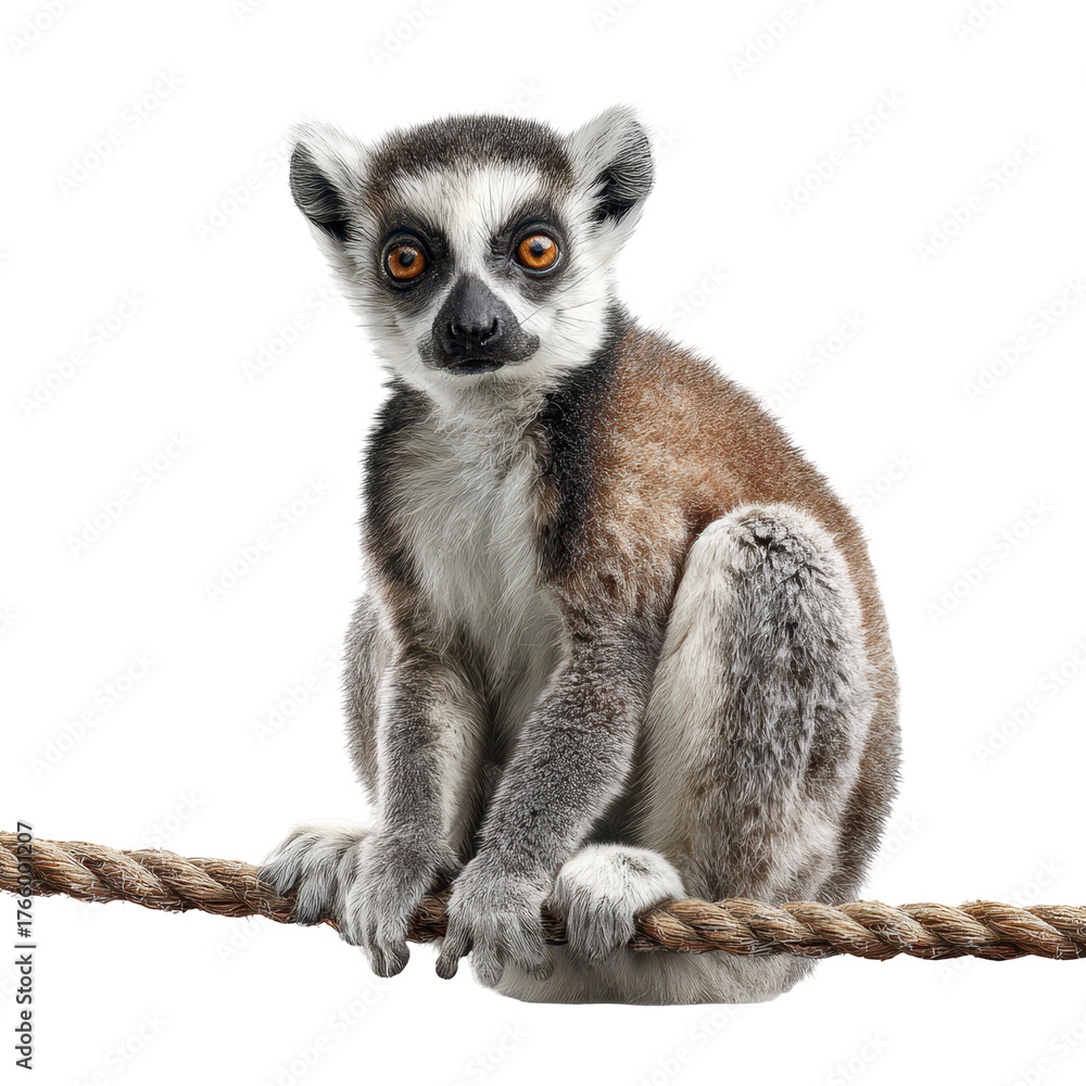 Obraz premium Lemur perched on a rope, showcasing its playful personality in a bright setting isolated on transparent background