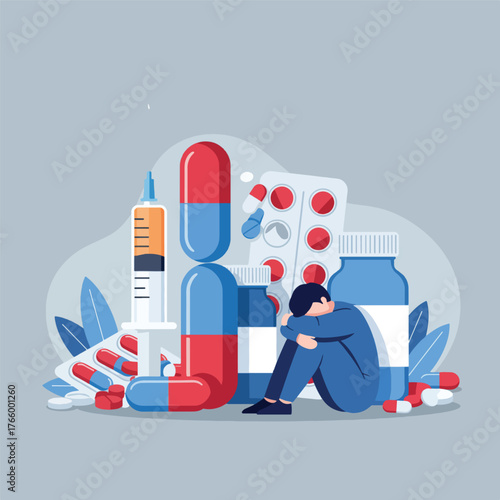 Vector art of sad man sitting among pills, capsules, and syringe