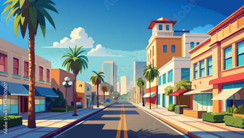 Very beautiful daytime view of downtown Covina, California, USA, showcasing charming streets, modern buildings, palm-lined avenues, and a bright urban atmosphere beneath the clear blue sky.