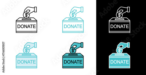 Hand putting coin in donation box icon for charity and fundraising in line and fill style