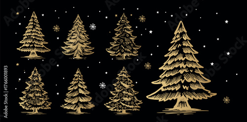 Christmas  gold tree set on black. Hand drawn illustration.	
