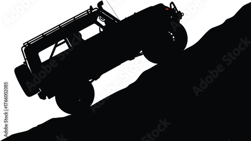 A rugged offroad vehicle silhouette isolated on white background, conquering a steep incline, symbolizing adventure and the thrill of extreme terrain