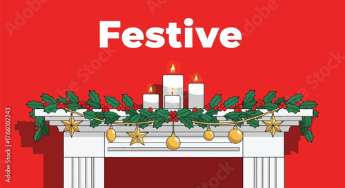Festive christmas mantelpiece decoration with candles and garland isolated on white background