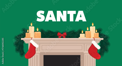 Festive fireplace mantelpiece adorned with stockings, candles, and a garland, perfect for a santathemed celebration