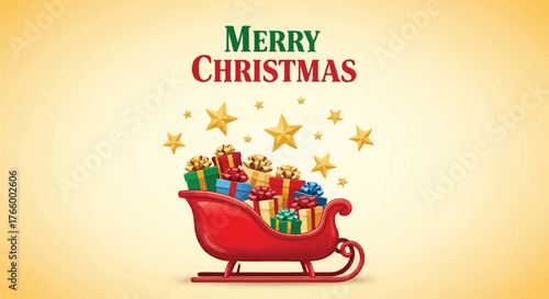 Merry christmas with a red sleigh full of gifts and gold stars isolated on white background for holiday
