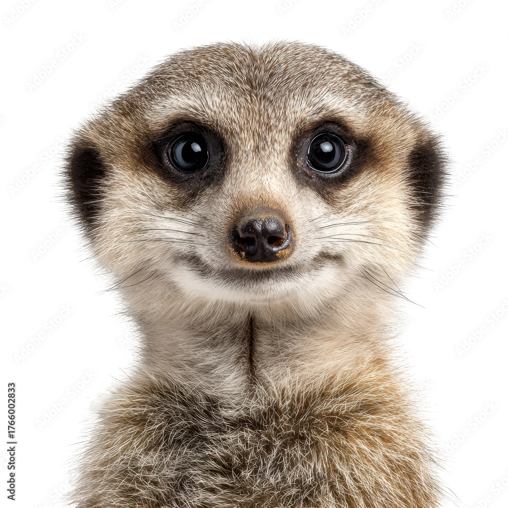 Fototapeta premium Curious meerkat with a friendly expression looking directly at the viewer during a studio session isolated on transparent background