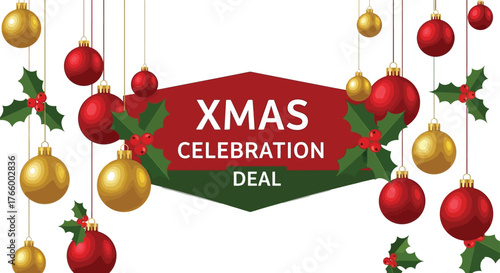 A xmas celebration deal with hanging ornaments, perfect for holiday promotions and seasonal discounts isolated on white background