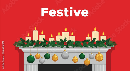 Festive mantelpiece decoration with candles and ornaments against a red background for christmas celebration