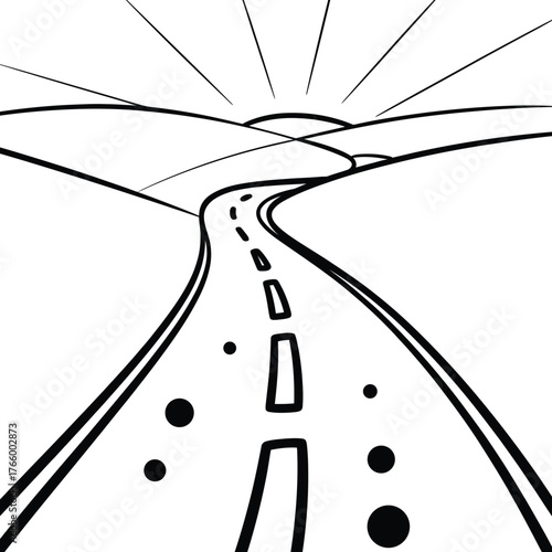 Winding Road Towards Sunrise Landscape Outline