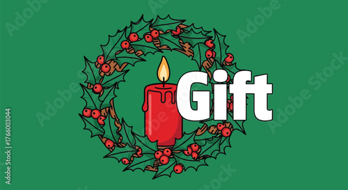 A festive christmas wreath with a red candle and the word gift on a green background for the holidays