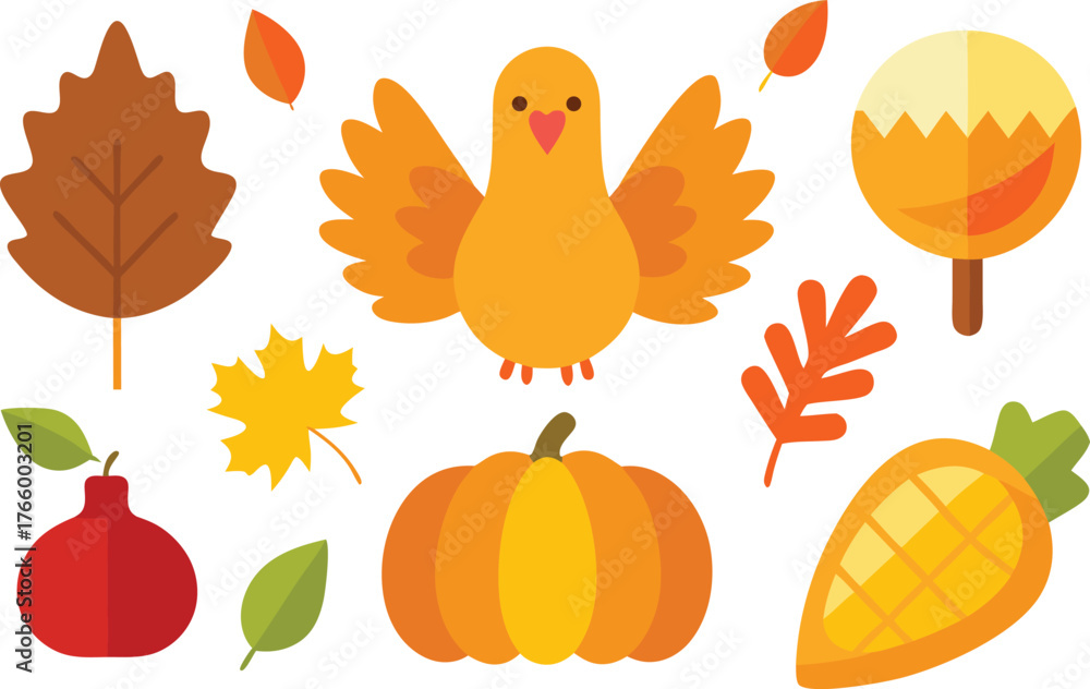 Obraz premium Thanksgiving day vector icons collection turkey pumpkin autumn leaves festive holiday design
