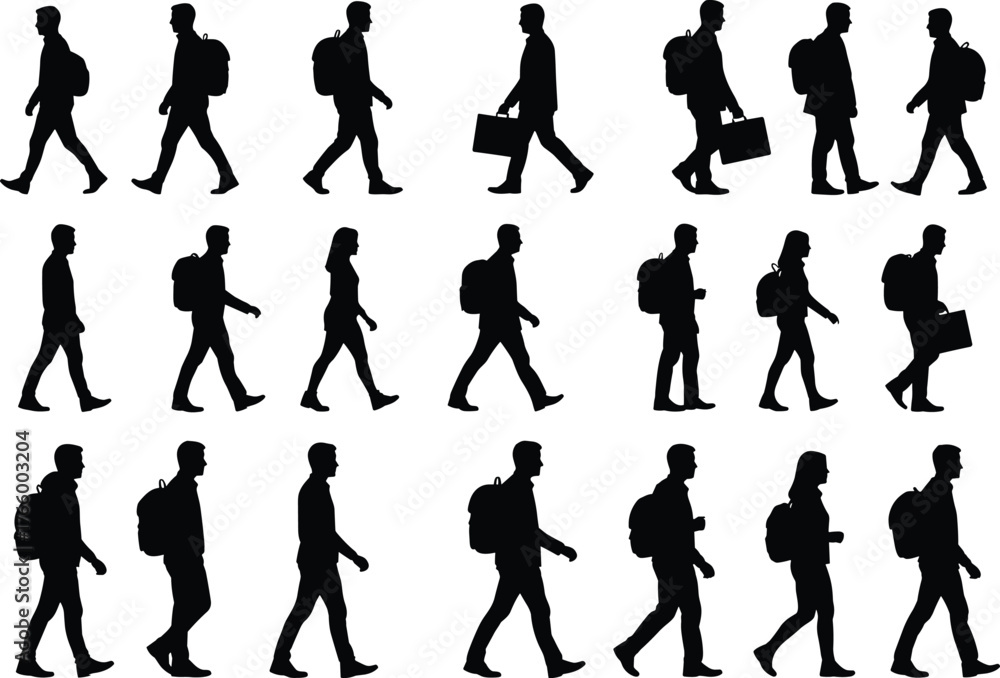 Obraz premium Silhouettes of people walking, urban commuters, business lifestyle, casual fashion, backpacks, briefcases, handbags, diverse postures, city pedestrians, professional design illustration