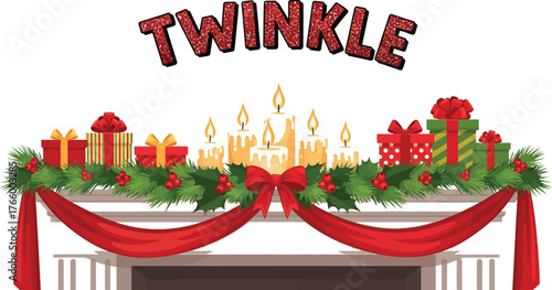 A festive christmas mantelpiece decorated with gifts, candles, greenery, and a red ribbon, isolated on white background