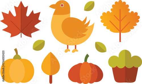 Thanksgiving day icons collection festive turkey pumpkin maple leaf autumn vector art