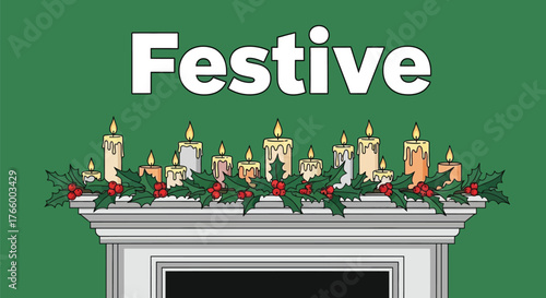 Festive candles and garland on mantelpiece against green background for holiday cheer