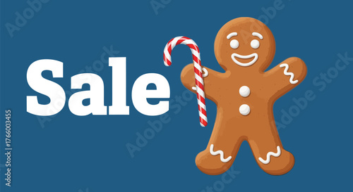 Gingerbread man holding candy cane with sale text on blue background for holiday promotion