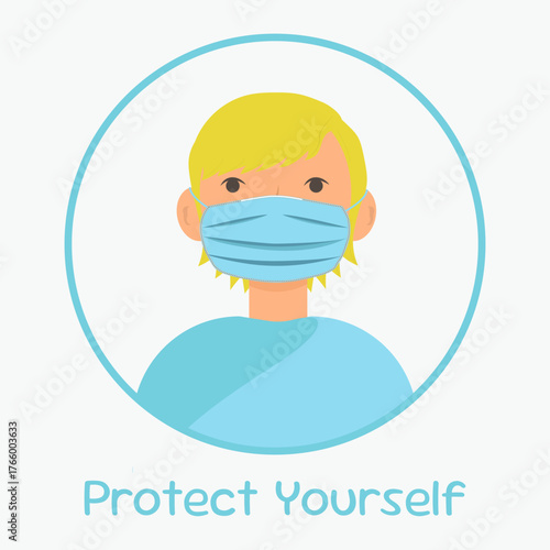 A blond man wearing a protective medical mask, protect yourself text, protection, disinfection, viruses, bacteria, epidemic