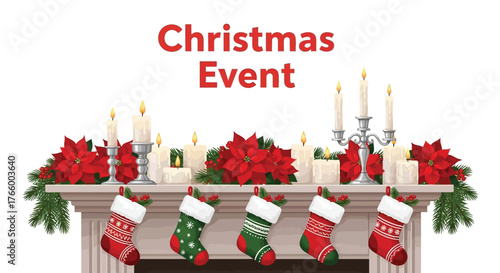 Festive christmas event decoration featuring stockings, poinsettias, and candles isolated on white background