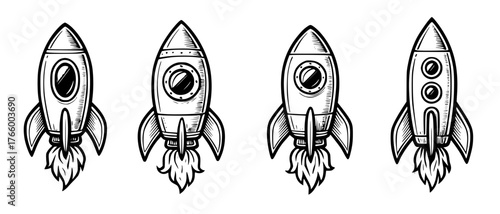 Four drawings of retro space rocket