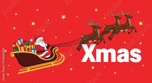 Santa claus riding in his sleigh pulled by reindeer, spreading xmas cheer and delivering gifts