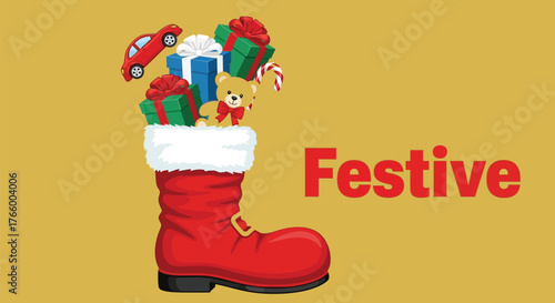 Festive christmas stocking filled with gifts and treats on a golden background for holiday cheer