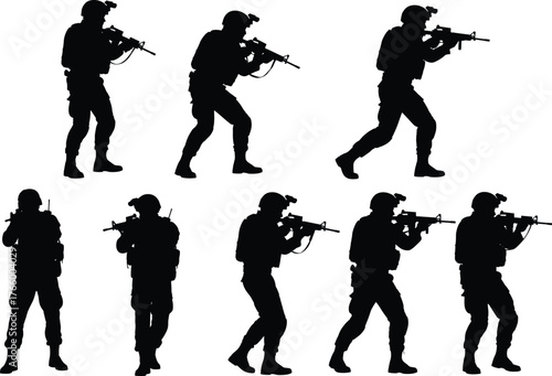 Soldier silhouettes, armed forces, military poses, rifle stance, tactical movement, combat ready, army personnel, defense concept, warfare design, security illustration