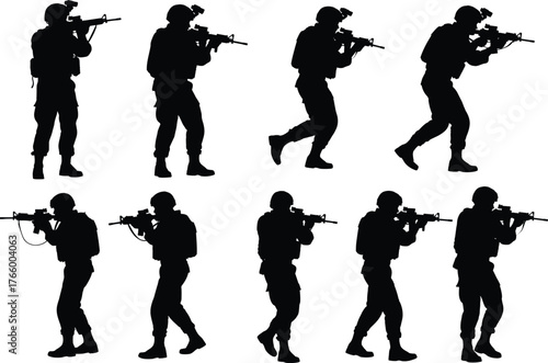 Soldier silhouettes, armed forces, military poses, rifle stance, tactical movement, combat ready, army personnel, defense concept, warfare design, security illustration
