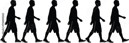 Walking cycle silhouettes, human gait, biomechanics study, motion sequence, animation reference, sports science, physical therapy, exercise concept, posture design, lifestyle illustration