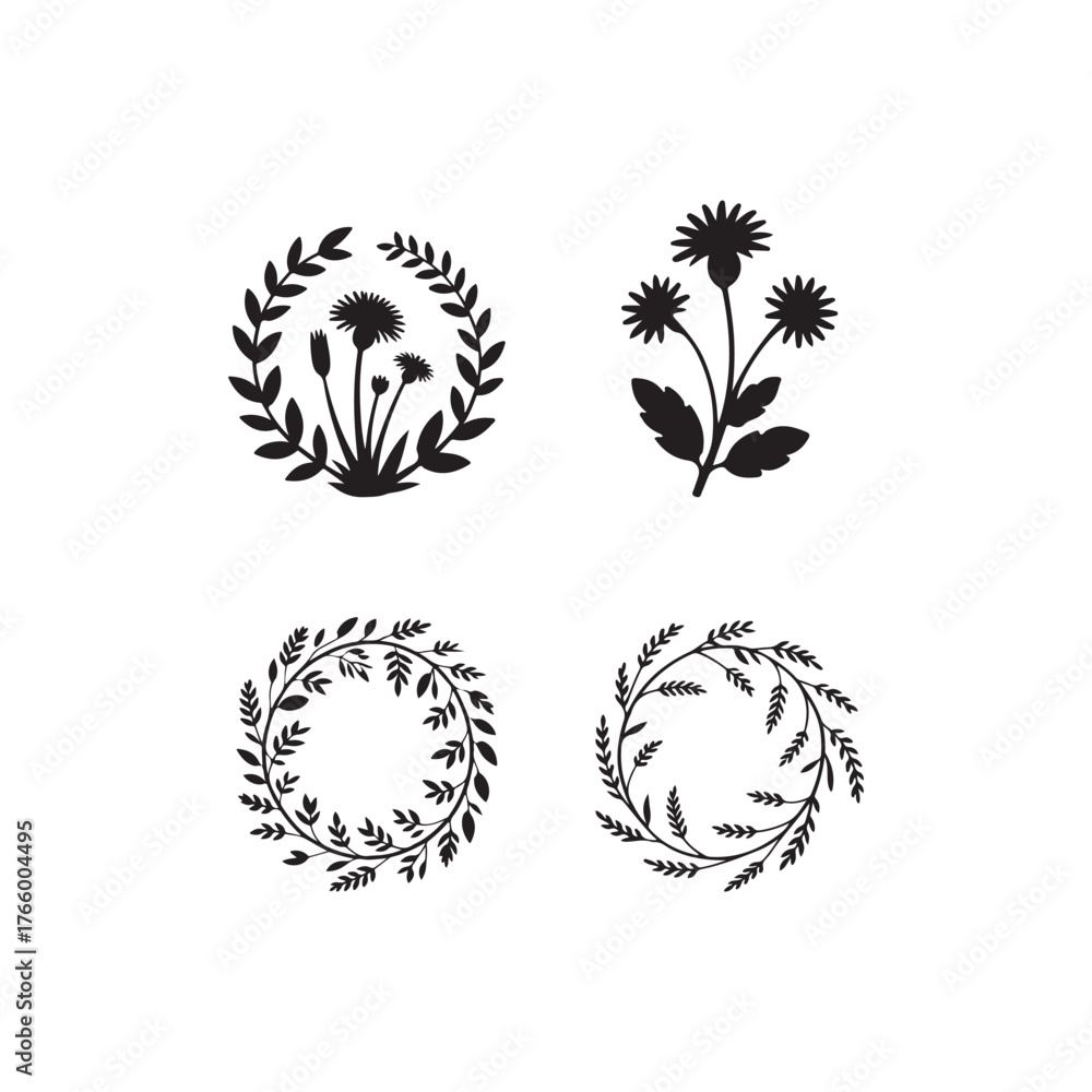 Obraz premium Floral wreath and botanical arrangements presented in a dark silhouette