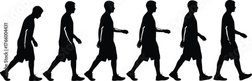 Walking cycle silhouettes, human gait, biomechanics study, motion sequence, animation reference, sports science, physical therapy, exercise concept, posture design, lifestyle illustration