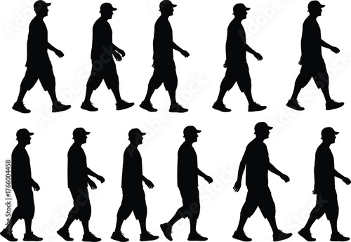 Walking cycle silhouettes, human gait, biomechanics study, motion sequence, animation reference, sports science, physical therapy, exercise concept, posture design, lifestyle illustration