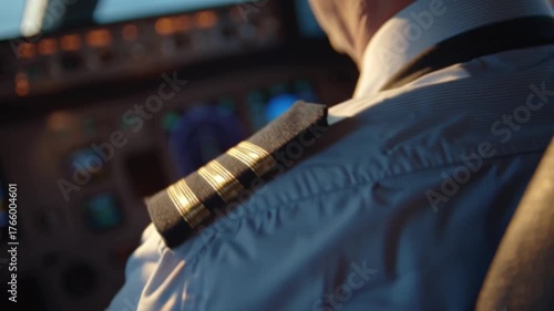 A cinematic close-up focuses on the captain’s gold-striped shoulder in the cockpit, symbolizing leadership, precision, and professionalism, with a softly blurred background enhancing depth and realism