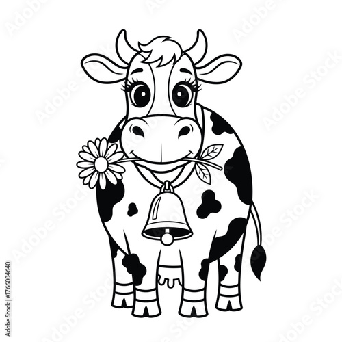 Vector art of cute cartoon cow with a flower in its mouth and a bell around its neck