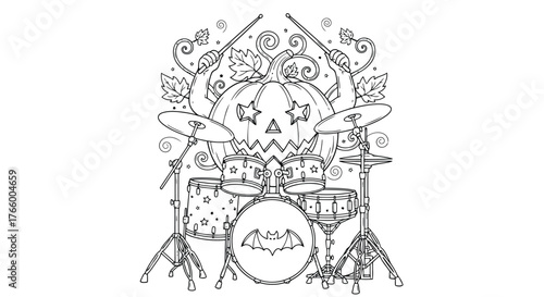Vector art of halloween pumpkin with a carved face and a drum set, decorated with vines and leaves, suitable for coloring